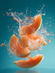 Melon Slices with Juice Splashes &ndash; Bright Blue Background for Text and Advertising