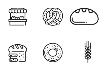 Simple line art icons representing bakery goods and grains