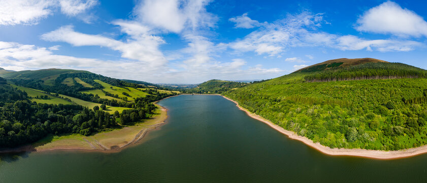 Aerial panorama showing Talybont Reservoir in the Brecon Beacons National Park, Wales