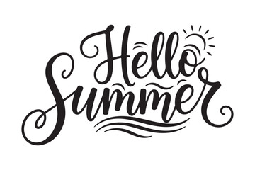 Hello summer hand lettering with sun and waves