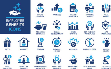 employee benefits, workplace, icons, insurance, health, security, finance, retirement, vacation, mobility, pension, flexible hours, wellness, gifts, food, beverage, skills, stock options, pet friendly