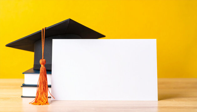 White banner with graduation cap, white wall backdrop, greeting card or announcement style. Mock-up