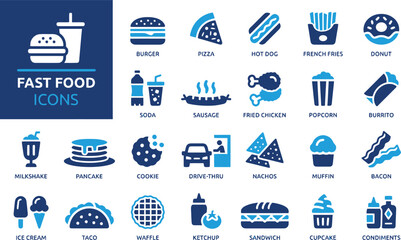 illustration, popcorn, flat, burgers, representing, chicken, sausage, blue, symbol, food, white, theme, pizza, condiments, concepts., fried, burrito, sausages, ketchup, design, popular, vector, drive-