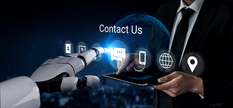 A robotic hand reaches out to a digital tablet held by a businessman, representing the intersection of technology and communication in the modern world. Gantry