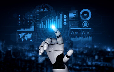 A robot hand engages with dynamic digital graphs and data visuals, illustrating the intersection of...