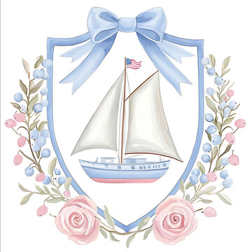 watercolor monogram crest central initials egant serif font soft periwinkle blue palette nautical sailboat with 2 sails upright in sail format the top wi
