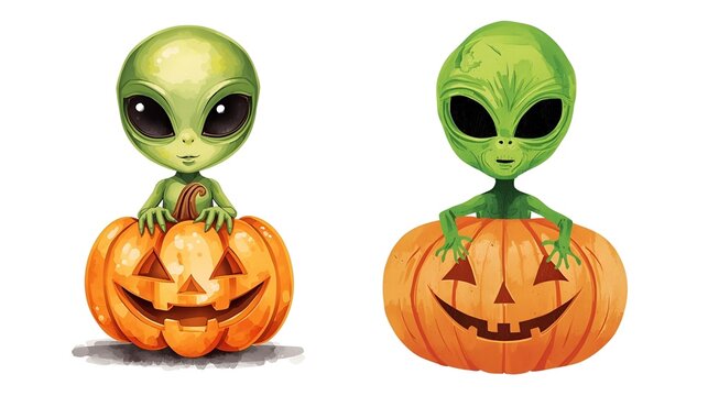 Green alien background with Halloween pumpkins