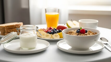 Food: Healthy and Nutritious Breakfast with Cereal, Fruit, and Orange Juice