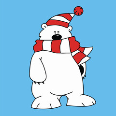 White bear in a winter hat and scarf, isolated on a blue background. Cute North polar bear in festive Christmas style, perfect for holiday designs and winter illustrations.