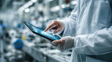 Medium shot of a technician examining sensor data on a tablet to monitor print quality in real time during an industrial printing process.