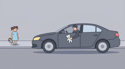 Social poster warning about kidnapping: “Beware of strangers.” A girl with a doll stands on the side of the road, and a driver offers her a toy.  Child safety, social issue, strangers, kidnapping.