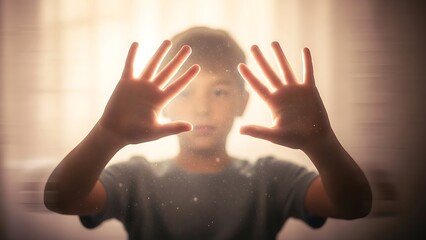 Child Boy Standing Behind Glass Window with Hands on Glass in Warm Light