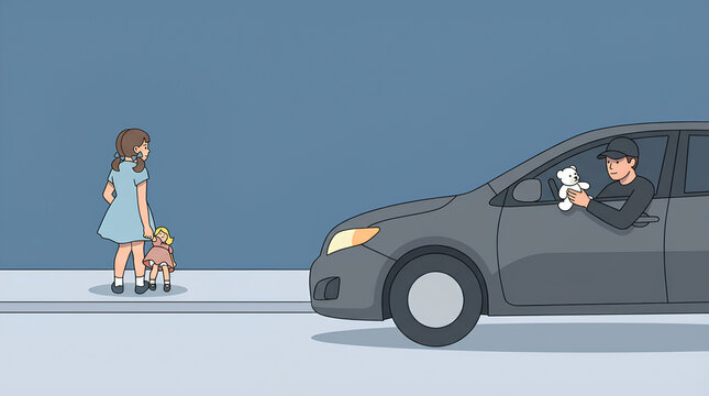Illustration of safety rules for children: &ldquo;Don't talk to strangers.&rdquo; Scene of a stranger persuading a child to get into a car, a stranger luring a girl into a car.