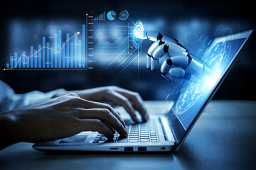 A conceptual image of a robotic hand interacting with a laptop display, showcasing data analysis...