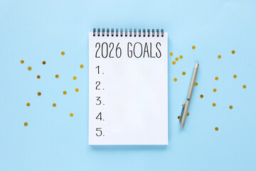 2026 New Year goals background with blank notebook, pen, and holiday decoration. Space for text. Top view. Christmas to-do list or wish list