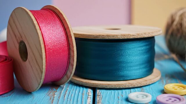 Crafting supplies spools of ribbon buttons and scissors on wooden table