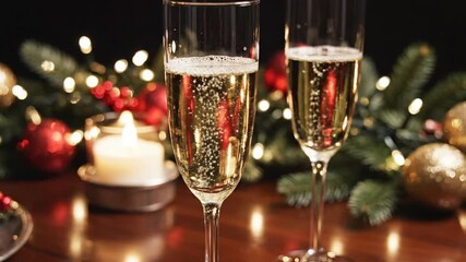 Sparkling celebration beverage with festive holiday decor and soft bokeh lights