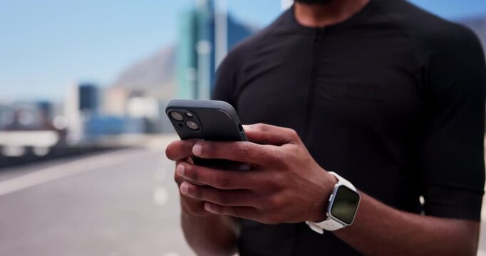 Health, phone and hands of man in city for fitness stats, workout guide and tracking performance. Exercise app, training route and runner tips with person and tech outdoor for wellness and contact