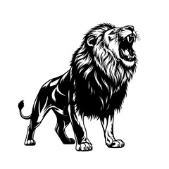 Obraz premium A majestic black and white lion roaring. Its powerful roar echoes through the wilderness, showcasing its dominance. A powerful portrayal of the king of the jungle. vector illustration