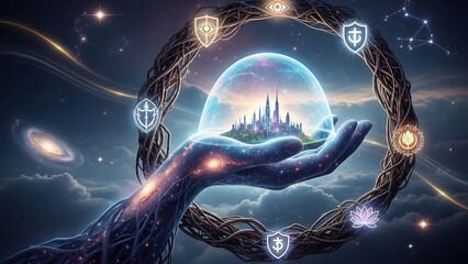 Futuristic Hand Holding Globe of Cityscape Surrounded by Digital Symbols in Cosmic Space