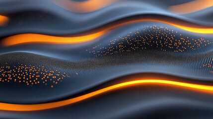 Abstract image of a wavy surface with glowing orange lines and dots, suggesting a technological or digital concept. The design is modern and futuristic.
