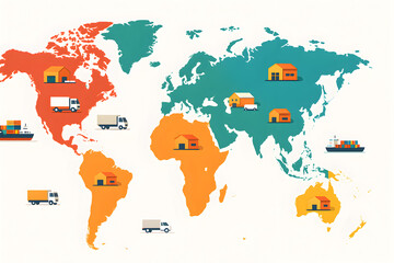 Flat colorful world map with trucks, warehouses and cargo ships illustrating global logistics network, supply chain distribution routes and international freight transportation
