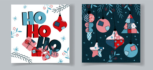 Festive Christmas illustration set featuring patchwork ornaments, gifts, tree decor and holiday lettering in red, blue and pink tones. Modern seasonal design perfect for winter cards,  festive projets