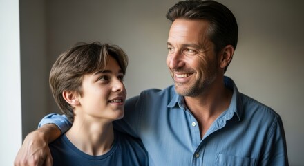 Obraz premium Father and son smiling together while standing indoors in casual attire 