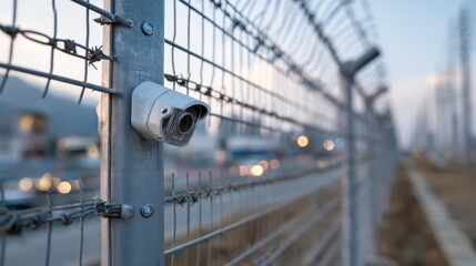 Naklejka premium Medium shot showing a sturdy metal fence with integrated motion sensors designed to alert against unauthorized access at an industrial site.