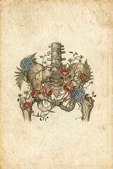 Detailed Pelvic Bone Illustration Intertwined with Flowers for Artistic Medical Spaces