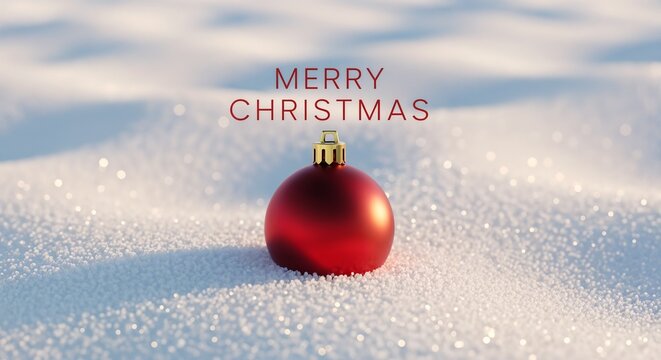 Red Christmas ball sitting in snow with Merry Christmas text – Merry Christmas greeting card