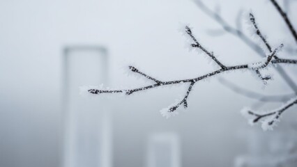 Icy Branch Silhouette Against a Foggy Winter Landscape.