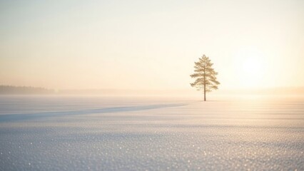 Lone Tree in Winter Landscape at Sunrise - A Serene Scene.