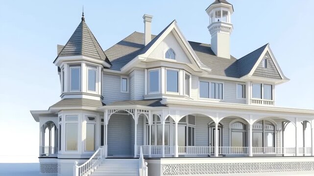 A beautiful Victorian-style house with intricate architectural details, featuring a turret, large windows, and a wraparound porch
