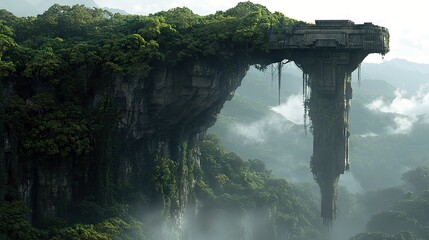 An ancient, decaying structure hangs from a cliff face, surrounded by lush jungle and mist, creating an atmospheric and mysterious scene.