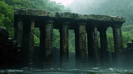 Stone structure with columns in a forest, raining heavily, creating a moody and atmospheric scene.