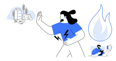 Woman holding stomach while rejecting allergens thumbs up dairy, fish, wheat fire icon symbolizing discomfort man analyzing data on tablet. Ideal for health, allergy management, nutrition advice