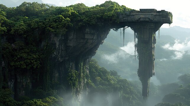An ancient, decaying structure hangs from a cliff face, surrounded by lush jungle and mist, creating an atmospheric and mysterious scene.