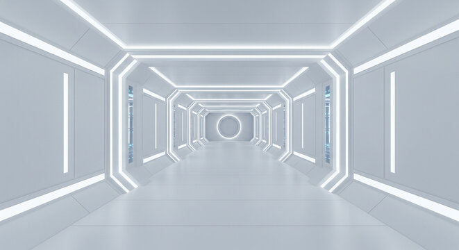 Bright, Symmetrical Sci-Fi Corridor Leading to a Circular Portal
A brightly lit, symmetrical, and sterile 3D-rendered image of a futuristic science fiction corridor or spaceship interior - Powered by Adobe