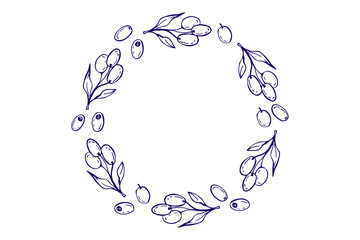 Circular arrangement of olives and olive leaves for food-related designs, Mediterranean themes, and culinary projects. Vector doodle sketch olives wreath, vegan diet. Olive twigs, berries round frame.