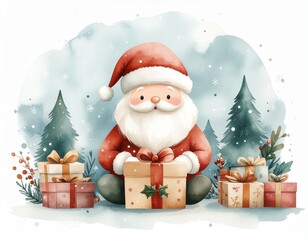 Watercolor kawaii illustration of Santa Claus wrapping gifts, soft brush textures