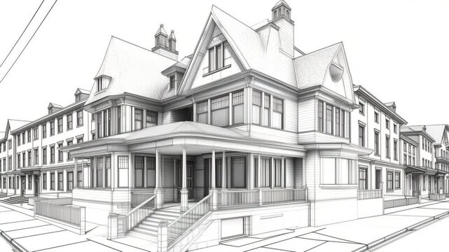 A detailed architectural sketch of a large Victorian-style house with multiple gables and a wraparound porch, surrounded by other residential buildings