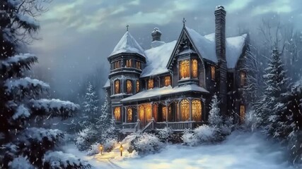 A beautiful winter scene featuring a large, ornate house covered in snow, with warm lights glowing from the windows, surrounded by snow-covered trees and a serene atmosphere - Powered by Adobe
