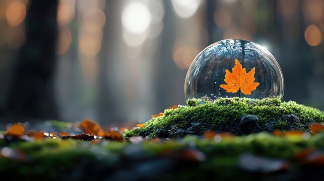 A crystal ball containing an autumn leaf sits on moss, with fallen leaves in a forest setting, bathed in soft, natural light.