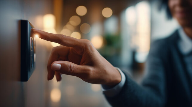 Faceless Hand Reaching for an Elevator Button with Large High Contrast Shape That Is Unreadable Standing in a Clean Lobby Highlighting Inclusive Interface Design shallow depth