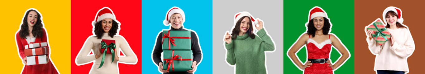 Christmas collage with people on colorful backgrounds. Happy winter holidays