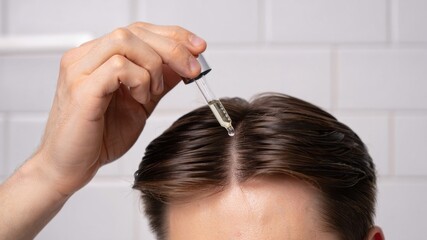 Precision application of strengthening scalp elixir with dropper on male hair parting, advanced dermal formulation root revitalization, targeted trichology care, modern cosmetic treatment background
