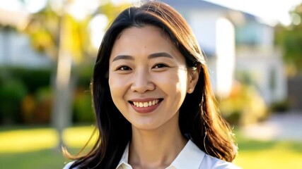 A series of shots capturing a happy woman in front of a house, expressing joy and optimism