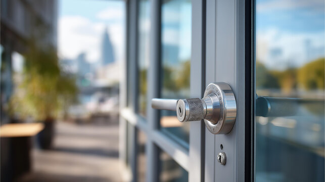 Close Up of Accessible Doorway Clearance and Handle Height No People Visible Showing Practical Standards in Urban Architecture minimalist composition defocused background