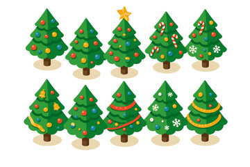 Collection of Colorful Christmas Trees with Ornaments and Decorations on a Dark Background